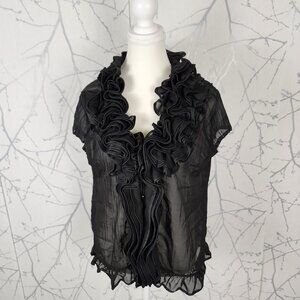 Ban Na Black Drama Ruffle Collar Button Front Sheer Blouse
